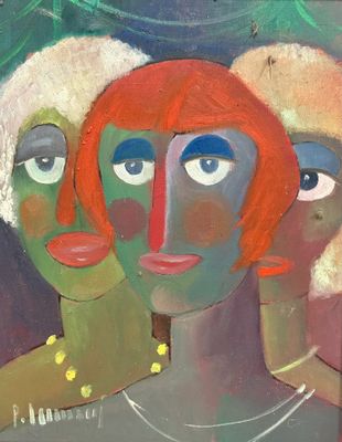 tableau représentant trois femmes aux cheveux roux et aux yeux bleus devant un fond vert