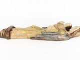 statue of a person laying on a piece of wood on a white surface