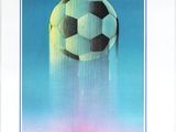 a poster with a soccer ball on it on a wall