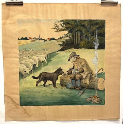 a painting of a man and a dog in a field with sheep