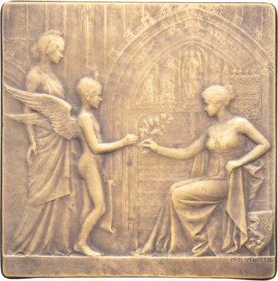 une image représentant une plaque en bronze sur laquelle figurent une femme et un homme se tenant la main