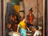 an oil painting of a woman and a child cooking in a kitchen