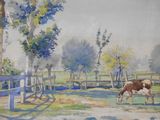 a painting of a cow eating grass in a fenced in area