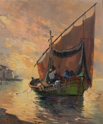 tableau représentant un bateau sur l'eau avec des personnes à bord