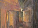 an oil painting of a street at night with a light on