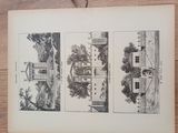an old book with illustrations of a house and trees on it