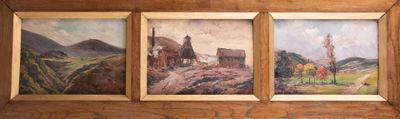 three framed paintings on a wooden wall of a country scene
