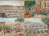 quatre photos d'un tableau représentant une ville avec des bateaux