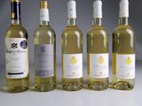 Plusieurs bouteilles de vin blanc sont alignées en rangée