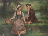 painting of a man and a woman sitting in a field with a basket of flowers