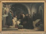 tableau représentant un groupe de personnes rassemblées autour d'un homme dans une église