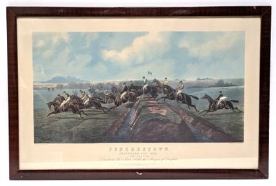 tableau représentant un groupe de chevaux en pleine course sur une piste au milieu d'un champ