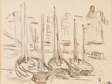 dessin représentant un groupe de bateaux dans un port, avec un bâtiment en arrière-plan