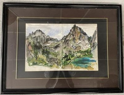 tableau représentant un paysage de montagne avec un lac au premier plan et des arbres au premier plan