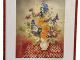 painting of a vase of flowers on a table with a checkered table cloth