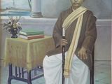 painting of a man sitting at a table with a book and a cane