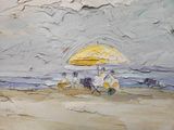 a painting of people sitting under an umbrella on the beach