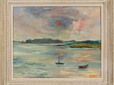 l'image d'une peinture représentant un bateau dans un plan d'eau