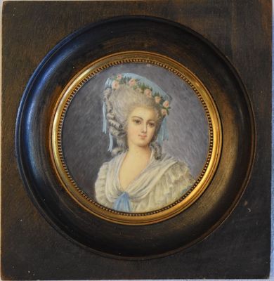 painting of a woman in a blue dress and a white hat