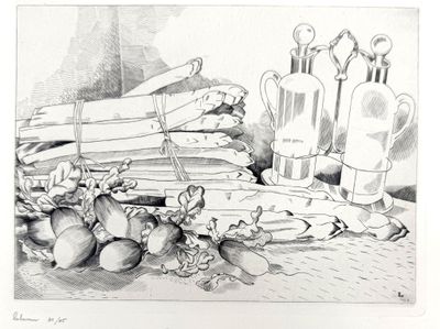 pencil drawing of a still life of vegetables and fruit on a table