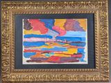 painting of a painting of a sunset over a body of water with a building in the distance