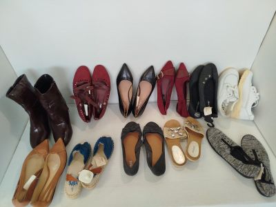 Plusieurs paires de chaussures pour femmes sont alignées sur une étagère