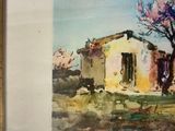 painting of a house with a tree in front of it in a gold frame