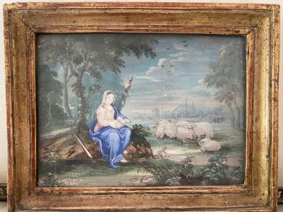 a picture of a painting of a woman sitting on a bench