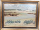 an oil painting of a landscape with a river and mountains in the background