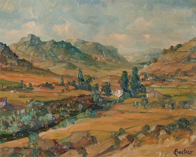 une peinture à l'huile d'un paysage avec des montagnes en arrière-plan