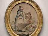 an old picture of a woman with a child in a wheelbarrow