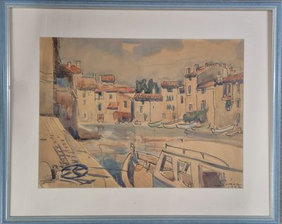 aquarelle encadrée représentant une scène de port avec des bateaux et des bâtiments