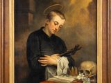 a painting of a man holding a book and a skull