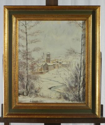 une peinture à l'huile représentant un paysage enneigé avec une église en arrière-plan