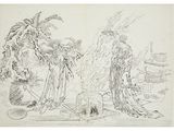 drawing of two women standing in front of a fire in a garden