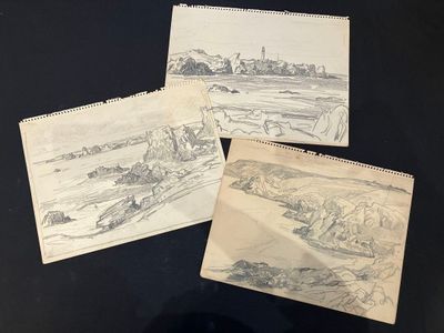 three sketches of a landscape with a river and a village