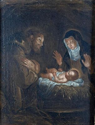 une image représentant une peinture d'une crèche avec un bébé dans la crèche
