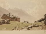 une image représentant une peinture d'un paysage de montagne avec une maison au premier plan