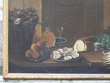 painting of a still life of oysters, peaches, and bread on a table