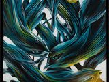 a painting of blue and green leaves in a black frame