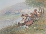 painting of a group of people sitting on a hill next to a body of water