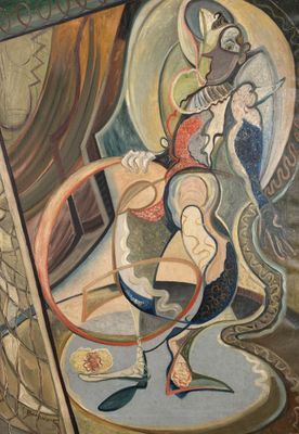 a painting on the wall of a room with paintings on it