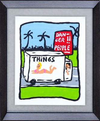 framed picture of a painting of a truck with a sign that says don ' t fear people things