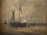 un tableau représentant un bateau sur la plage avec des personnes à bord