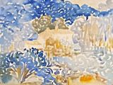 une aquarelle représentant des arbres et des buissons dans un champ
