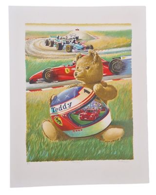 une peinture représentant un ours en peluche tenant un casque