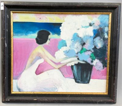 a painting of a woman sitting in front of a vase of flowers