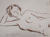 dessin représentant une femme nue allongée sur le ventre, les mains sur la tête