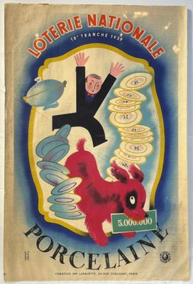 an old french poster of a man on a red dog with money