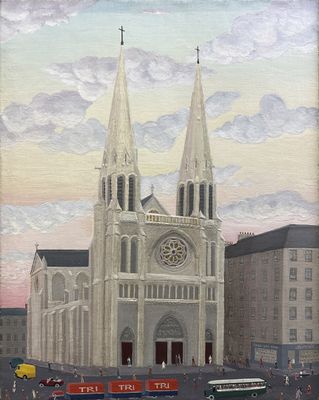 un tableau représentant une grande cathédrale sur laquelle figure une horloge